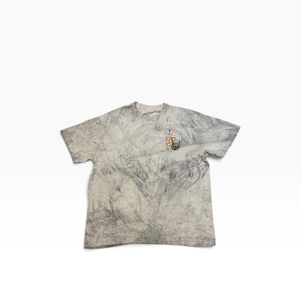 Fueled By Iced Coffee & Anxiety Graphic Tee Grey Acid Wash Skeleton Hand XL